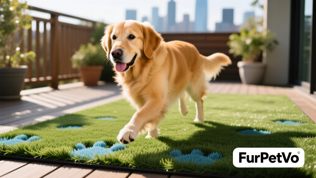 Close-up of a dog confidently using a FurPetVo artificial grass patch on a sunlit deck