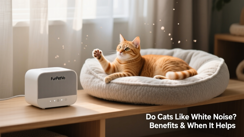 A sleek FurPetVo white noise device on a shelf next to a cat bed, with soft ambient lighting