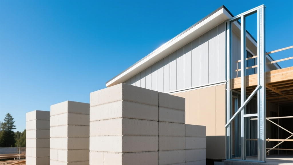 Residential construction site showing stacked ICF blocks, light-gauge steel framing, and fiber cement siding under a clear sky.