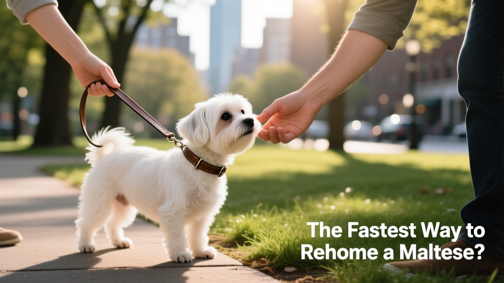 A gentle handoff between an owner and a trusted friend, with a calm Maltese on a leash