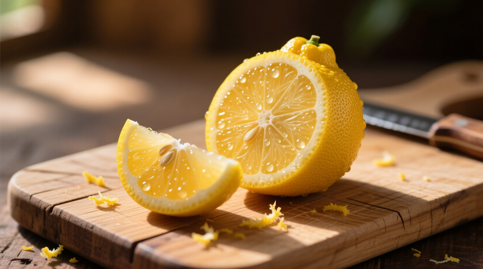 Fresh yuzu citrus fruit on wooden cutting board