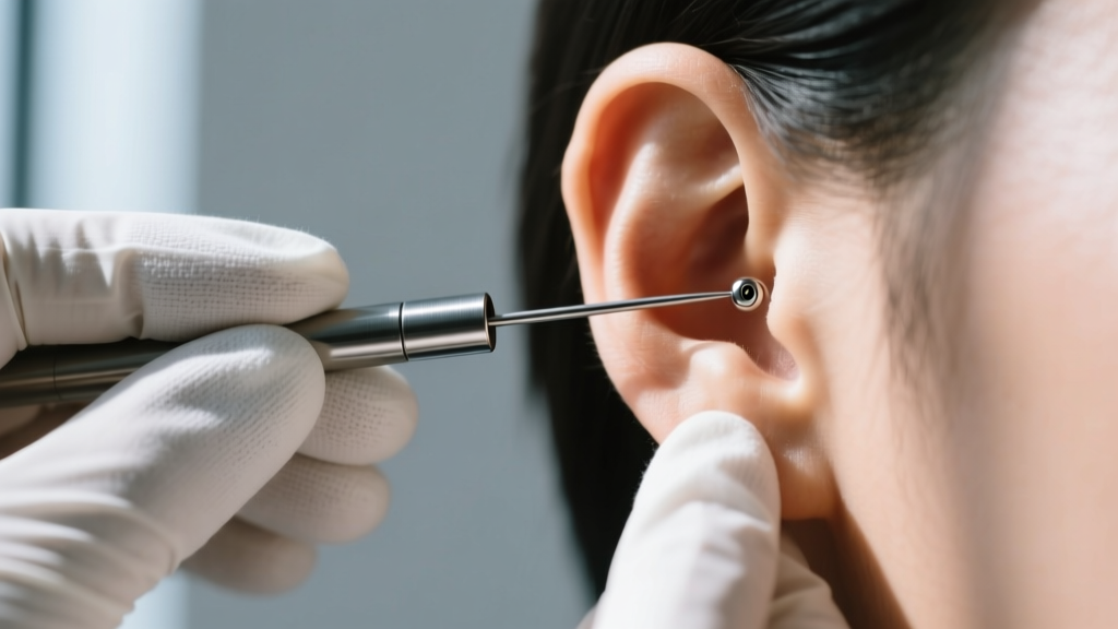 Gloved hands guiding a polished steel insertion taper through a partially closed 16-gauge cartilage piercing hole on a human ear.