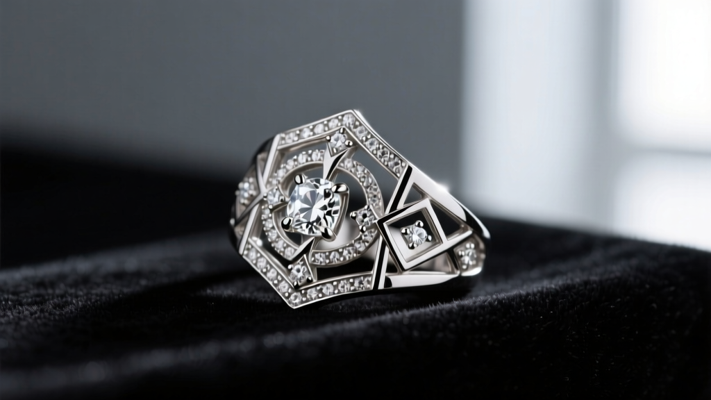 Macro photograph of an Art Deco platinum and diamond filigree ring resting on dark velvet next to a jeweler