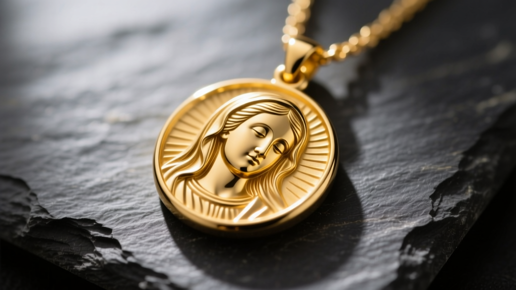Macro photo of a 14k yellow gold Mother Mary medallion pendant on dark slate, highlighting the intricate facial relief details.