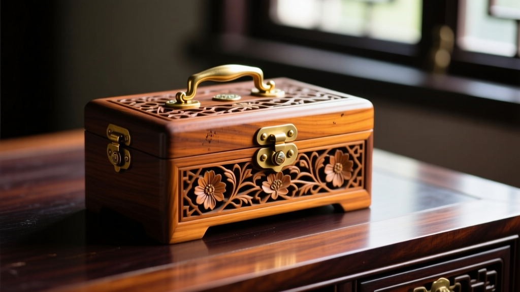 Close-up of an intricately carved vintage Chinese camphor wood jewelry box with brass hardware, resting on a dark mahogany desk.