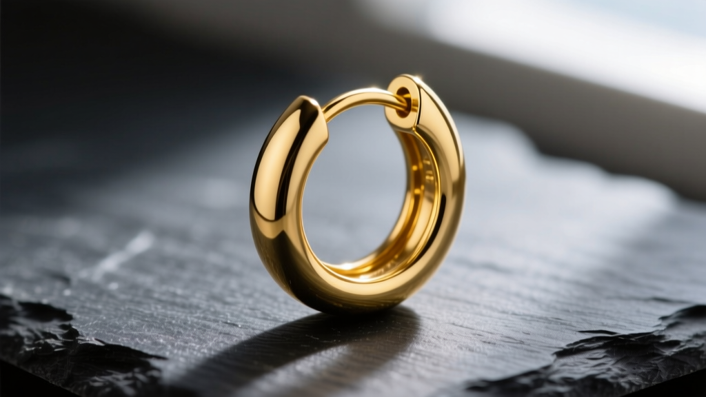 Macro photography of a polished 14k yellow gold 25mm hoop earring with a seamless clicker closure resting on dark slate
