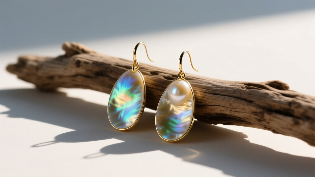 Flat lay of large mother of pearl shell drop earrings resting on driftwood with soft morning sunlight casting long shadows
