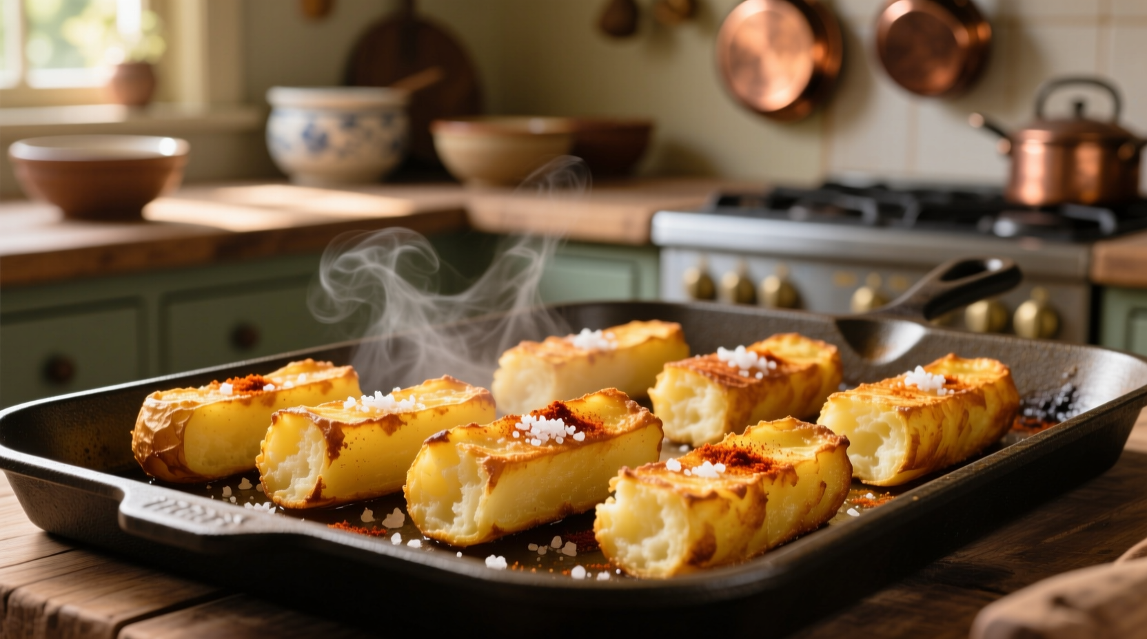 Golden crispy potato logs on baking sheet
