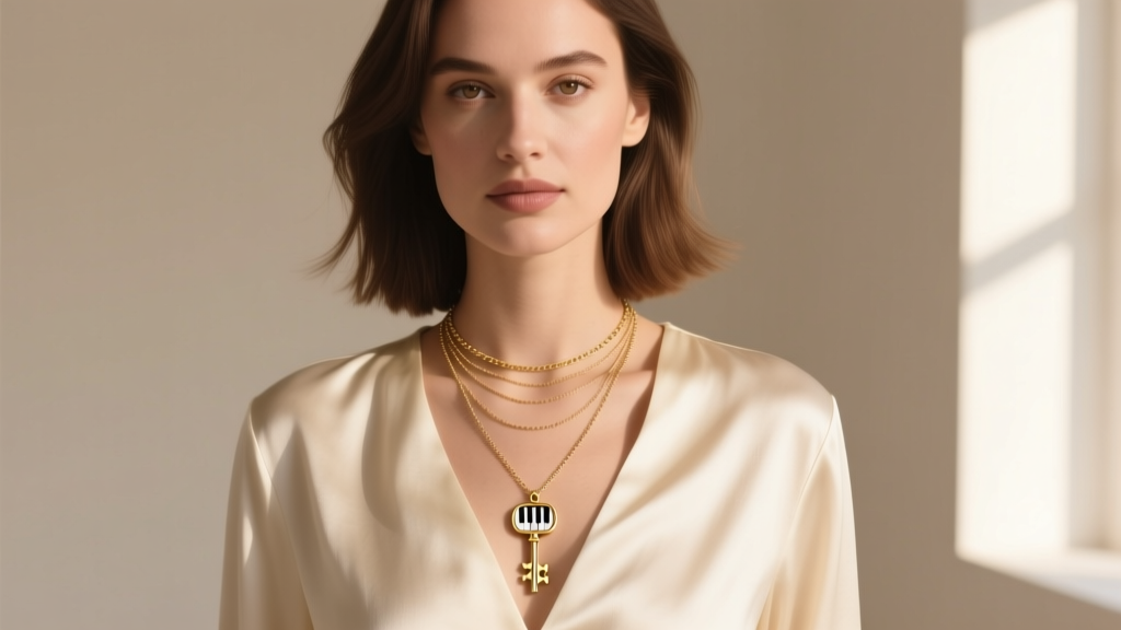 Woman wearing a layered necklace stack featuring a delicate 14k gold piano pendant on a 1.0mm box chain over a cream silk blouse.