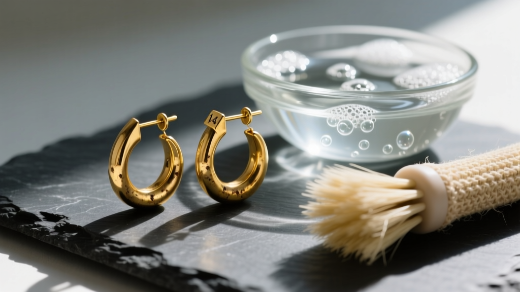 Tarnished 14k gold huggie hoop earrings on dark slate next to a glass bowl of soapy water and a soft bristle cleaning brush.