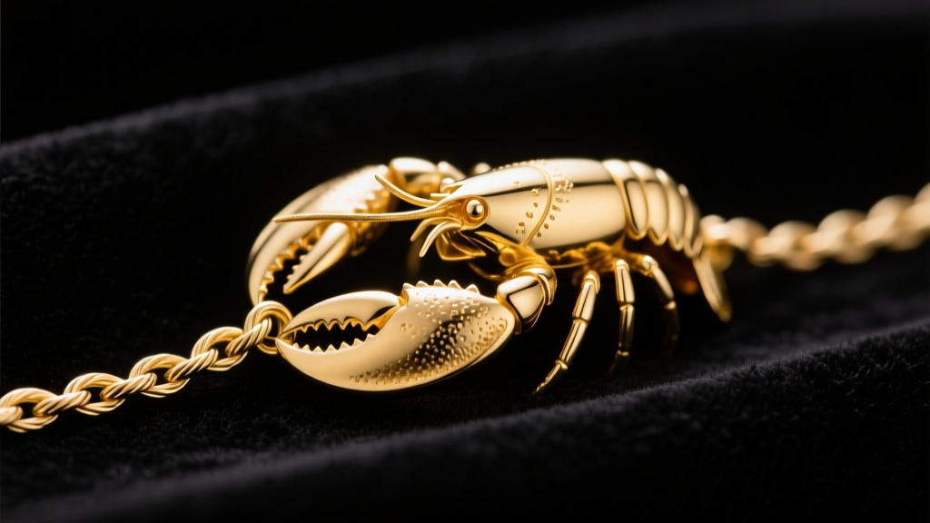 Macro shot of a 14k yellow gold lobster claw clasp securing a delicate cable chain on dark velvet under soft studio lighting