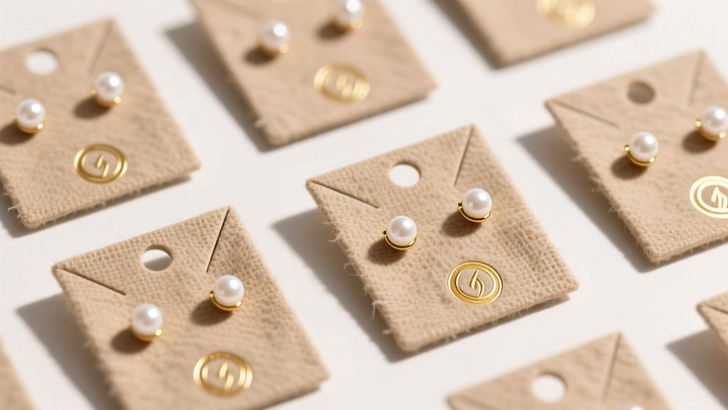 Top-down view of recycled cotton earring cards for display holding pearl studs, with gold foil logos and soft lighting.