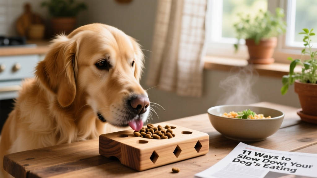 Close-up of a dog gently licking food from a puzzle feeder