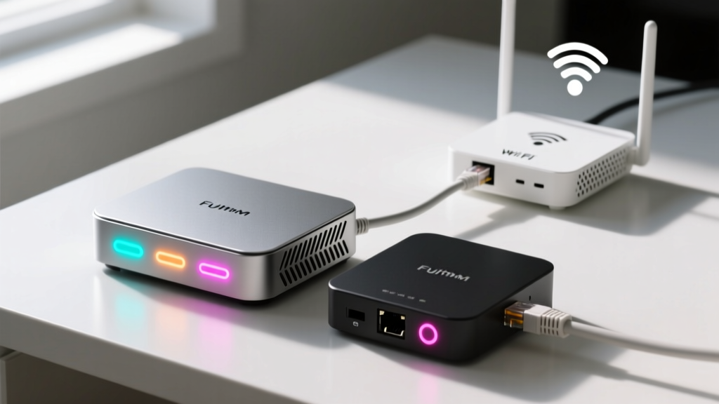 Close-up of a Thread border router and smart home hub with glowing LED status indicators connected via ethernet to a mesh Wi-Fi router.