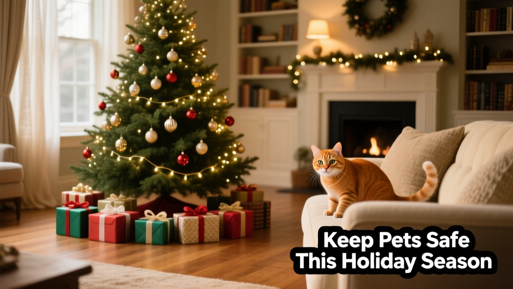 A cozy living room with a decorated Christmas tree, wrapped gifts, and a curious cat watching from a nearby sofa