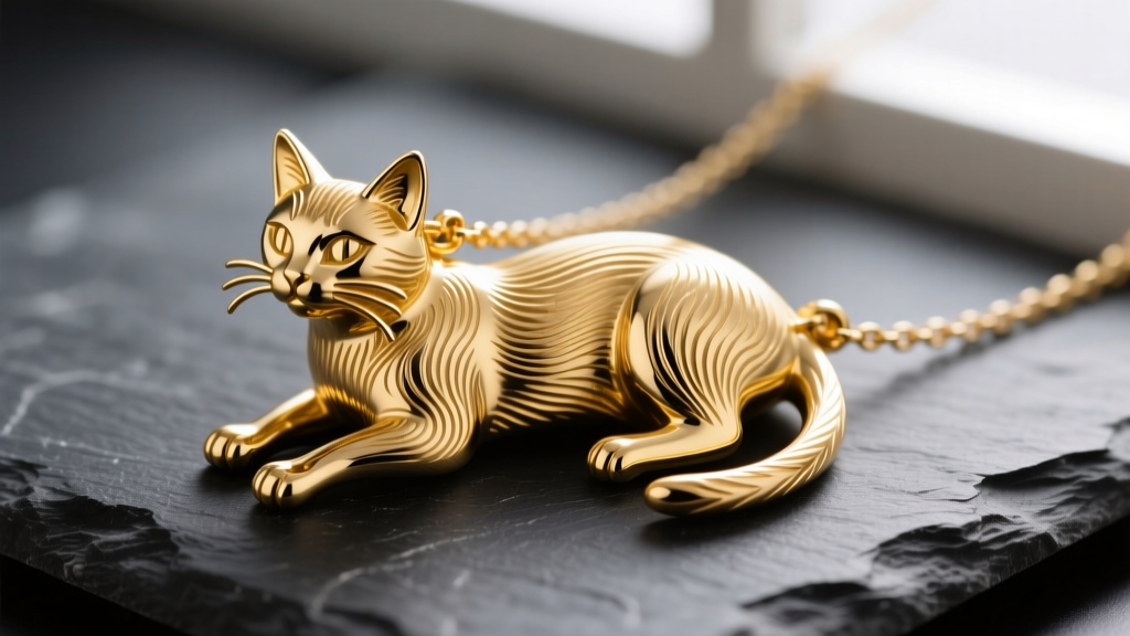 Macro shot of 14k yellow gold cat pendant necklace on dark slate, highlighting lost-wax casting details and polished feline edges.
