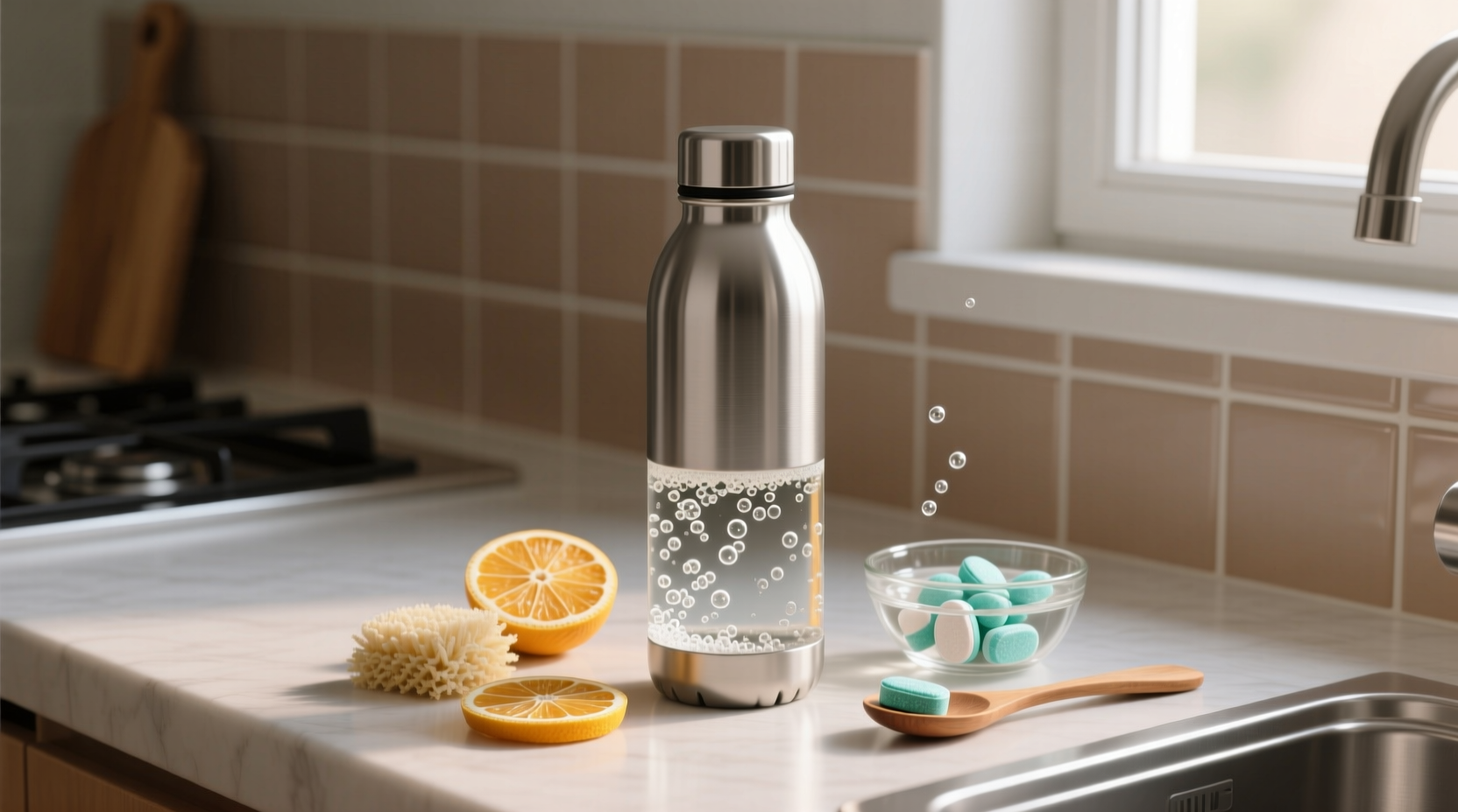eco friendly cleaning sanitize bottles with denture tablets