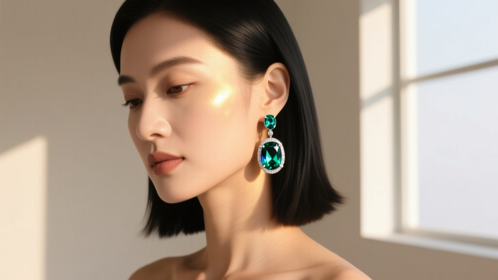 Woman wearing teal sapphire drop earrings in platinum, stones catching natural light to reveal a vivid blue-green color shift.