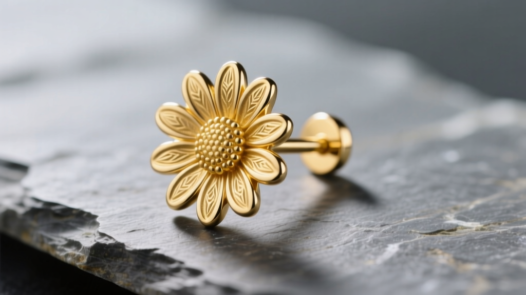 Close-up of a 14k yellow gold daisy stud on slate, showing petal textures and an 18-gauge post in soft lighting
