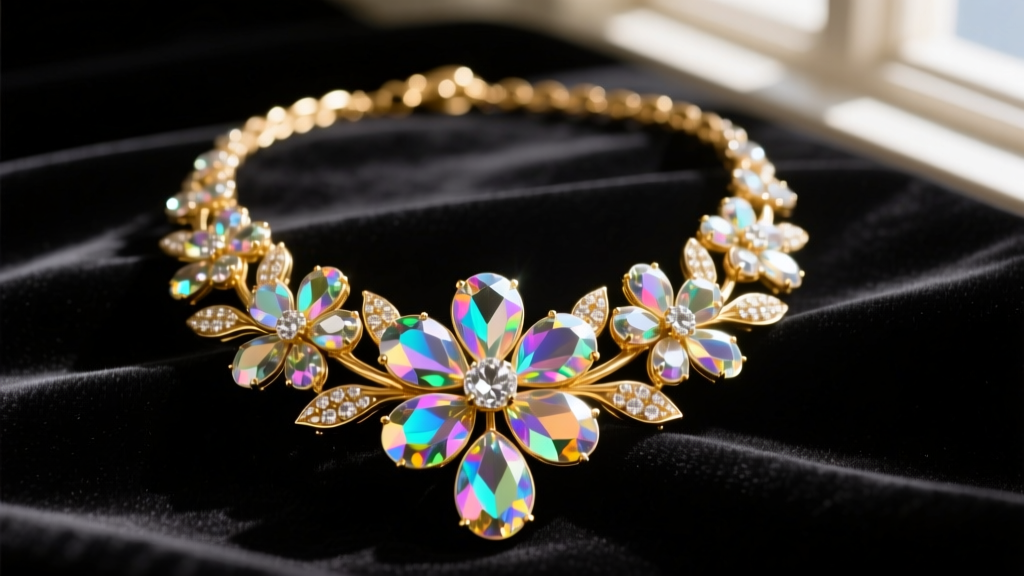 Close-up of a 1950s gold-plated floral necklace with large aurora borealis rhinestones resting on dark black velvet fabric.