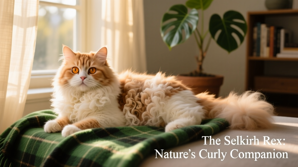 selkirk rex lying on green plaid blanket near window
