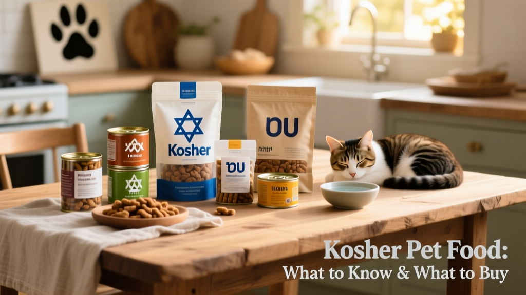 A curated selection of kosher-certified dry and wet pet foods, treats, and packaging with clear certification symbols visible