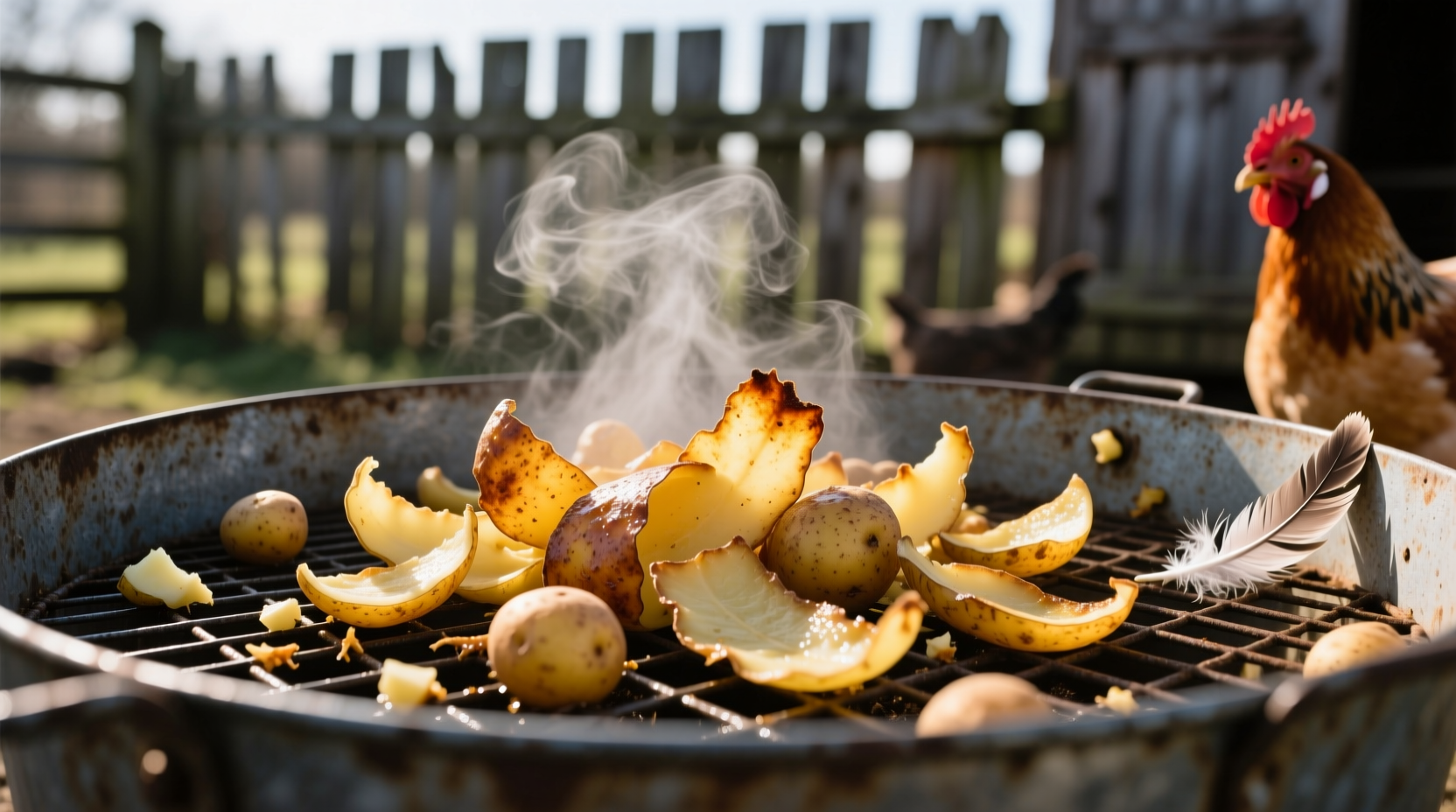 Cooked potato peelings in chicken feeder