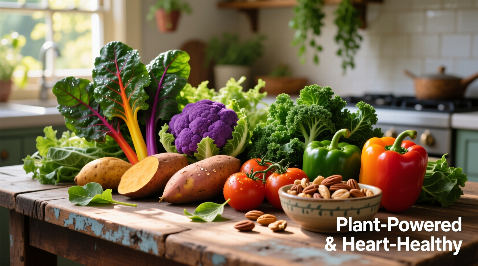 Colorful assortment of low-cholesterol plant-based foods on wooden table