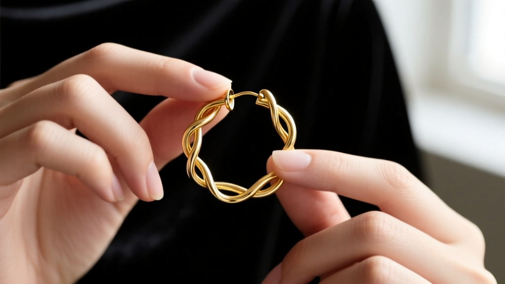 Hands holding a 14k gold Rowan continuous hoop earring, highlighting the wire and tube mechanism against a dark velvet background
