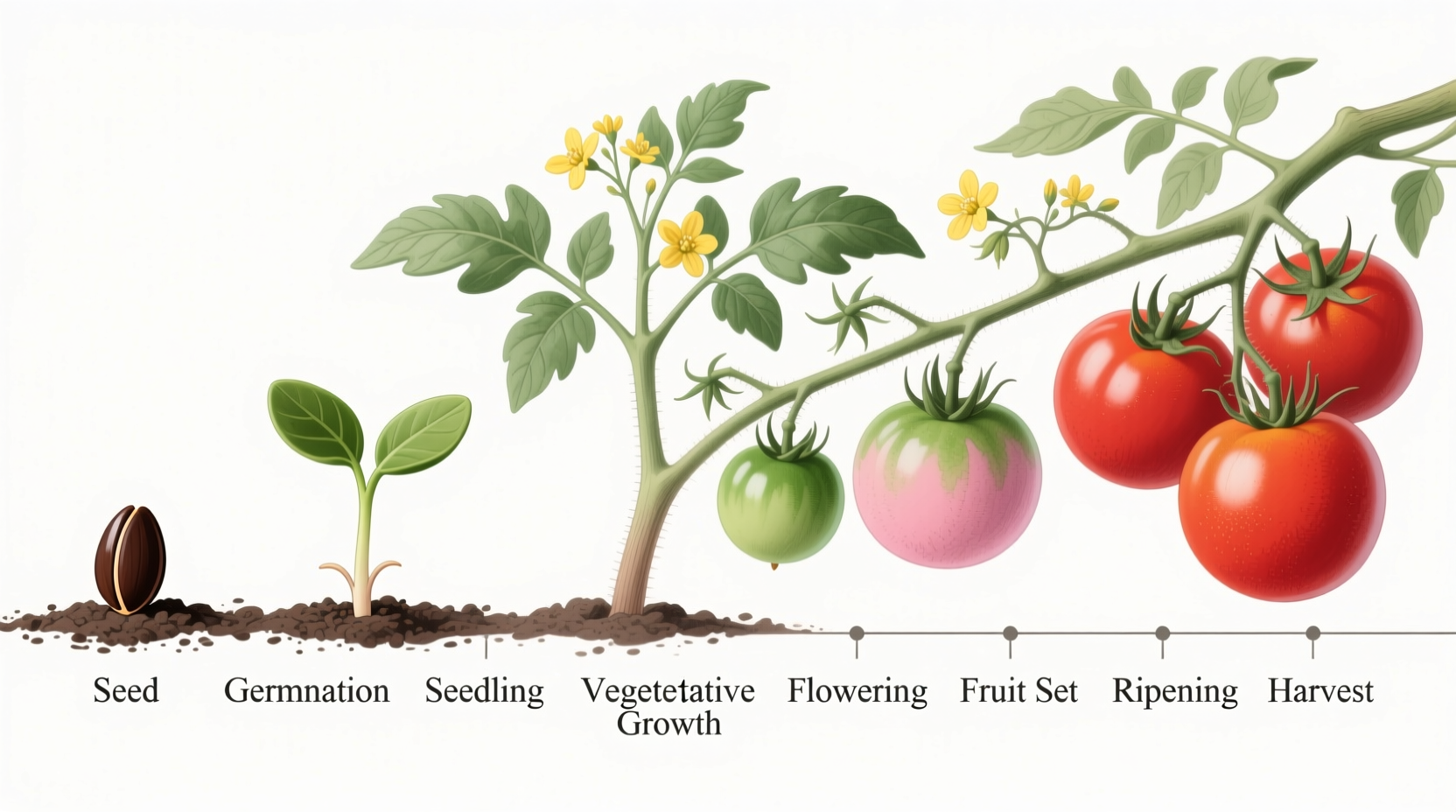 Tomato plant growth stages timeline showing seed to harvest progression
