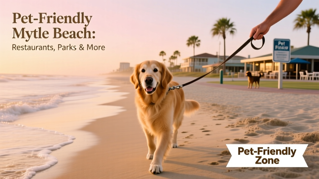 A dog walking along the shoreline at sunrise, leash in hand, with gentle waves and soft sand