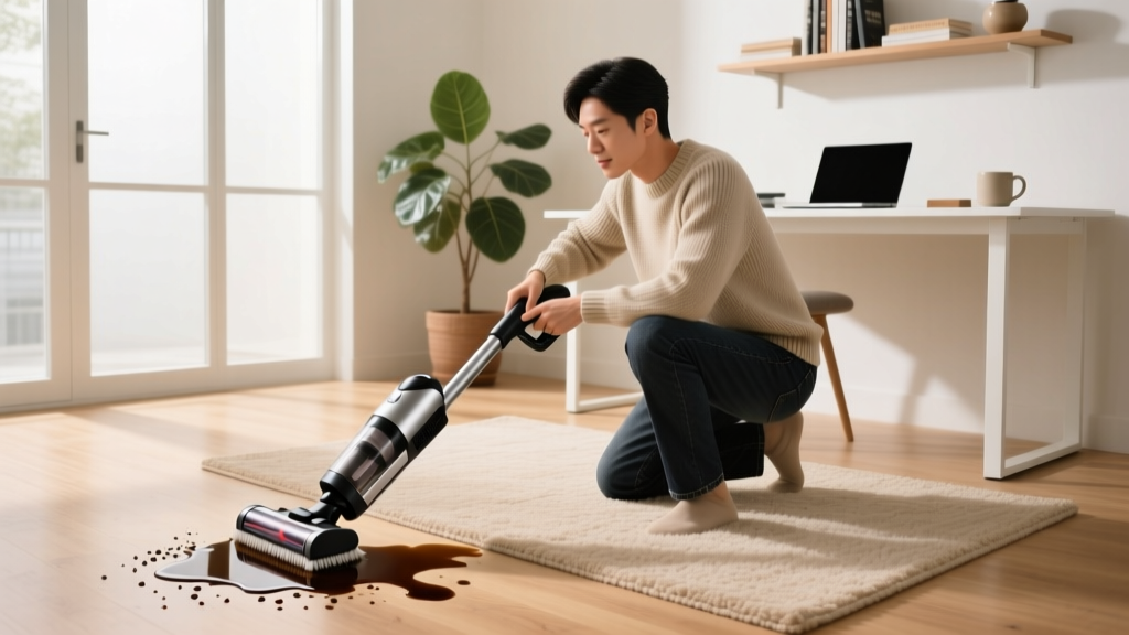 A person using a smart cordless wet-dry vacuum mop to clean up spilled coffee near a home office workspace and rug.