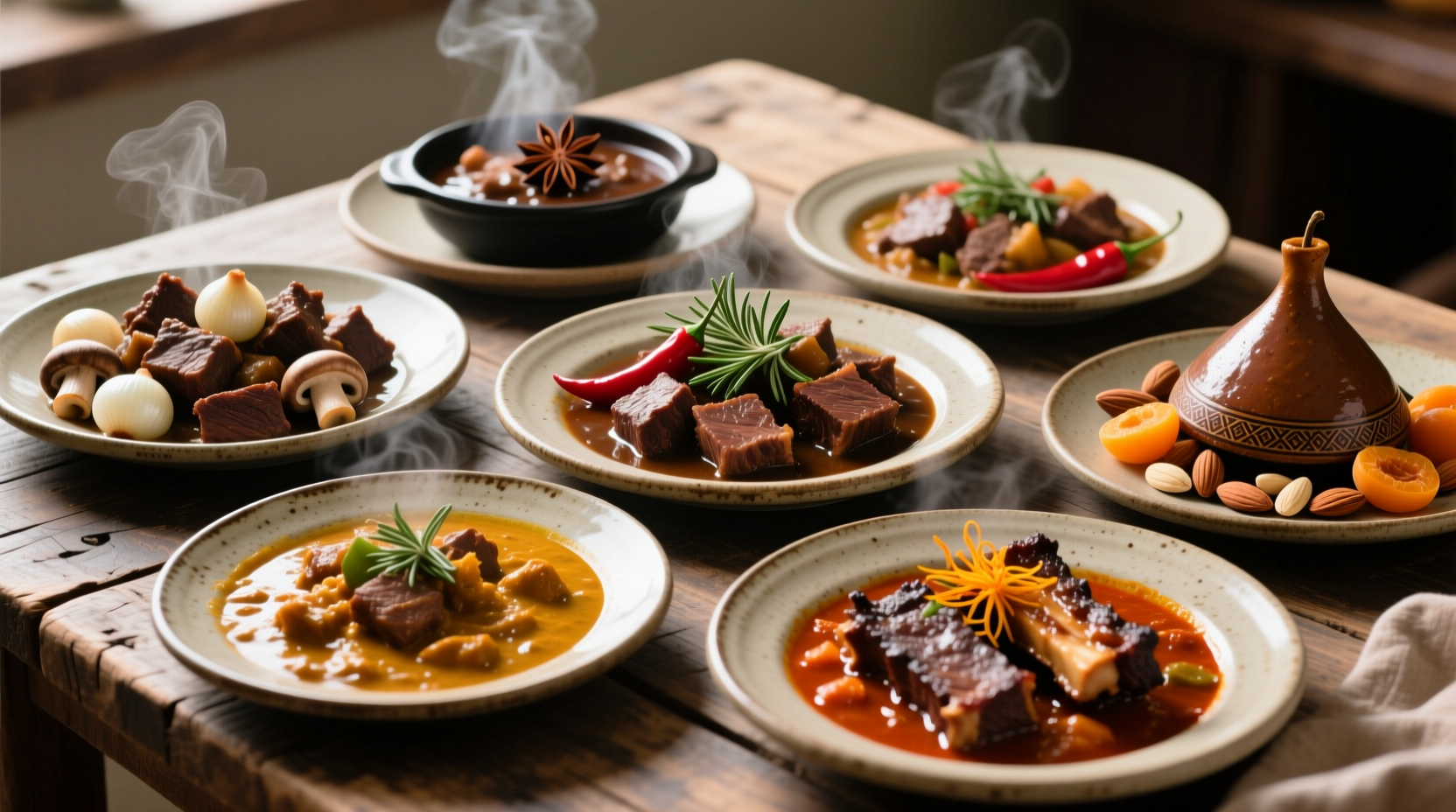 Seven different beef dishes prepared with stew meat