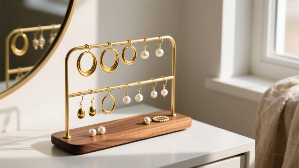 A DIY walnut and brass wire earring rack on a vanity, displaying gold hoops and pearl studs bathed in soft natural morning light.