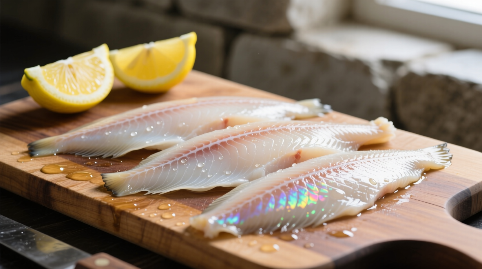 Fresh flounder fillets on a cutting board with lemon wedges
