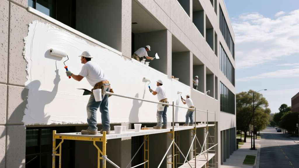 Commercial painters on scaffolding applying thick white elastomeric coating to a multi-story stucco office building exterior
