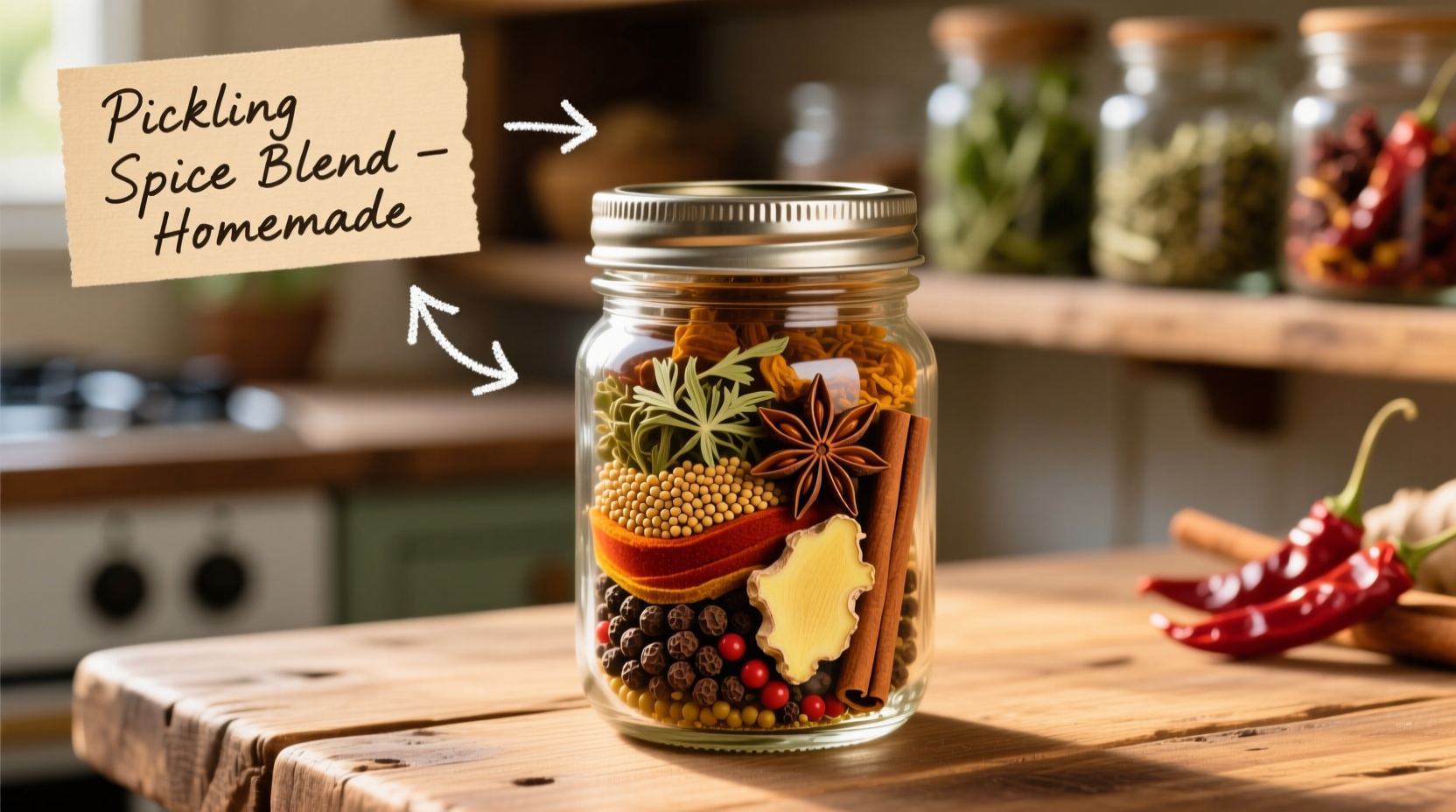 Homemade pickling spice blend in glass jar
