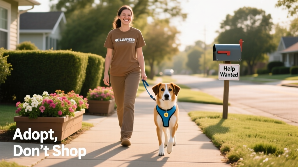 Volunteer walking a friendly dog on a sunny neighborhood sidewalk