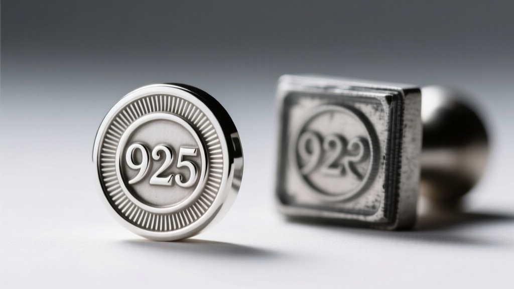Macro photography comparing a crisp, deeply stamped 925 hallmark on a silver chain clasp next to a blurry, shallow fake stamp