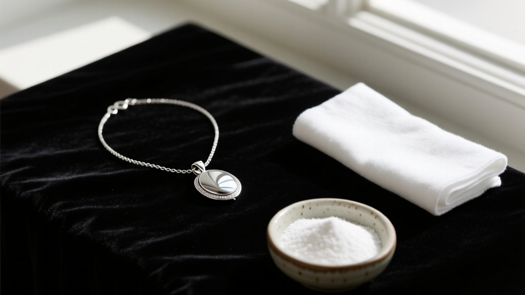 Sterling silver pendant necklace resting on dark velvet next to a soft polishing cloth and a small ceramic bowl of baking soda