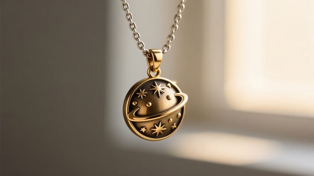Heavy 15-gram solid brass celestial pendant hanging on a thick 2.0mm stainless steel box chain against a blurred background