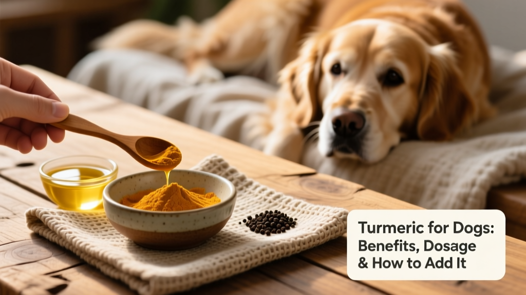 A close-up of FurPetVo Turmeric Powder being measured into a bowl alongside coconut oil and black pepper