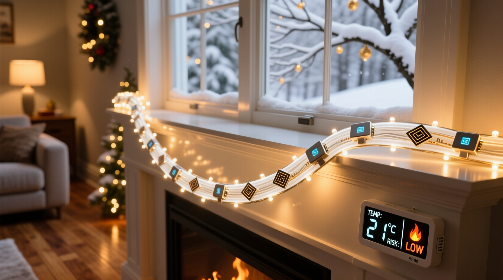 smart garland with embedded sensors for detecting temperature and fire risk