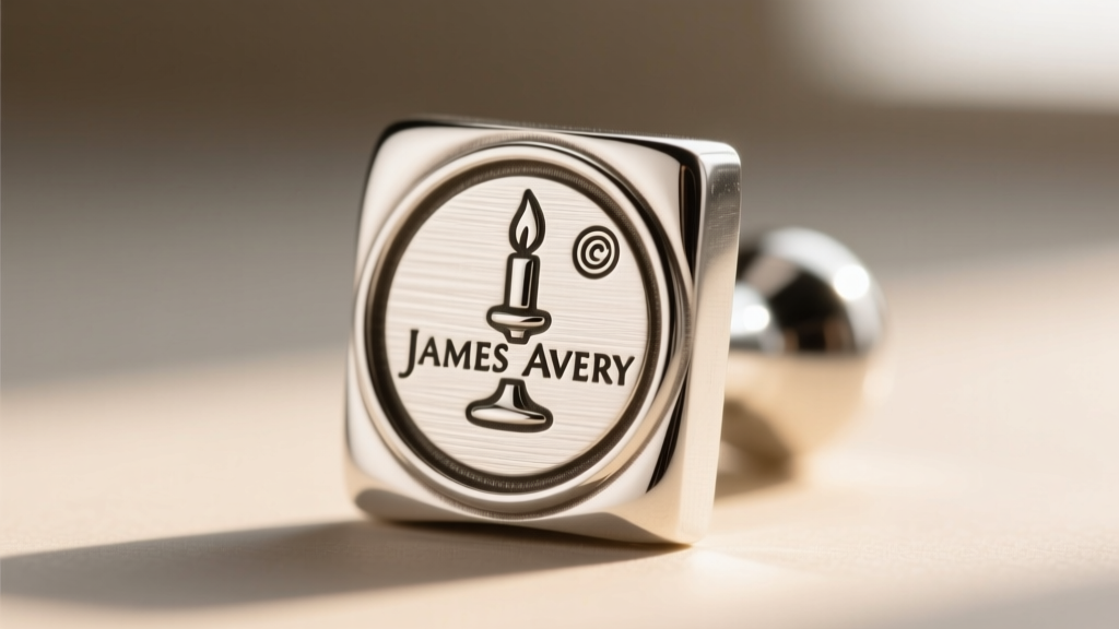 Macro photo of a vintage James Avery sterling silver hallmark stamp showing the candlestick logo and copyright symbol on metal