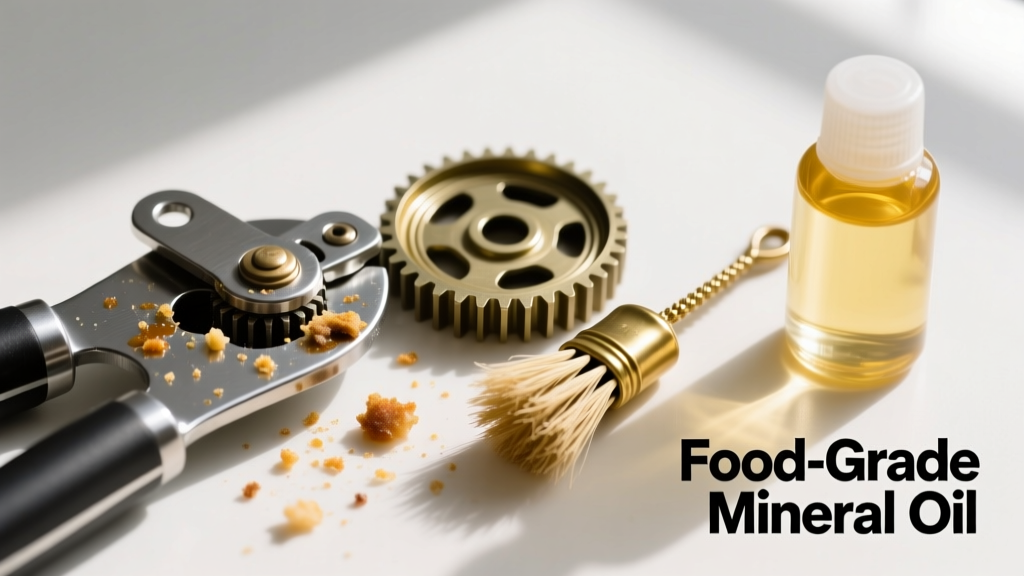 Disassembled manual can opener gears showing food debris buildup next to a small cleaning brush and a bottle of food-grade mineral oil