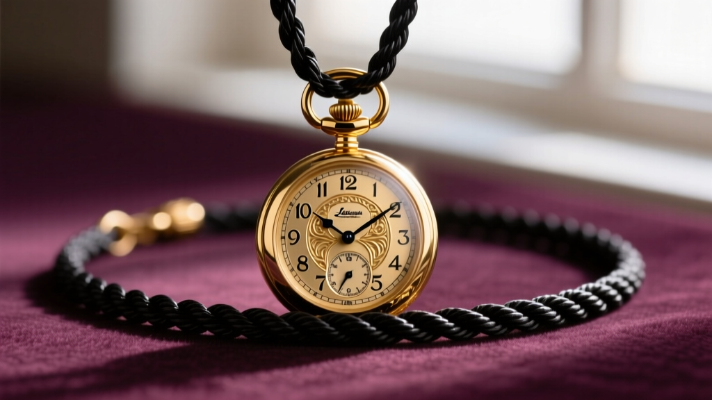 A vintage watch pendant necklace with a 14k gold pocket watch dial on a thick rope chain, resting on dark velvet.