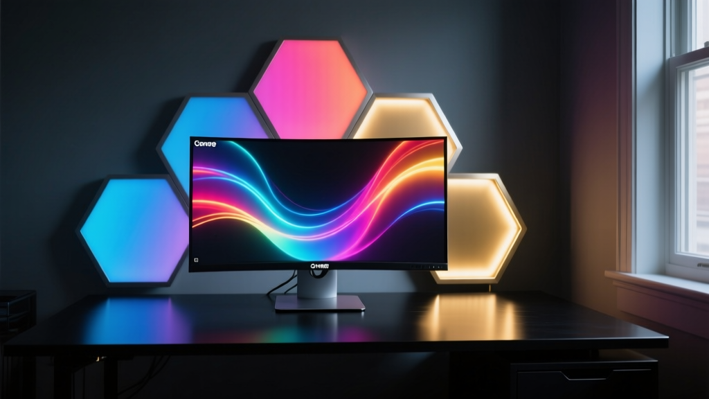 Govee Glide Hexa smart light panels behind an ultrawide gaming monitor displaying vibrant RGB color sync in a dark room setup