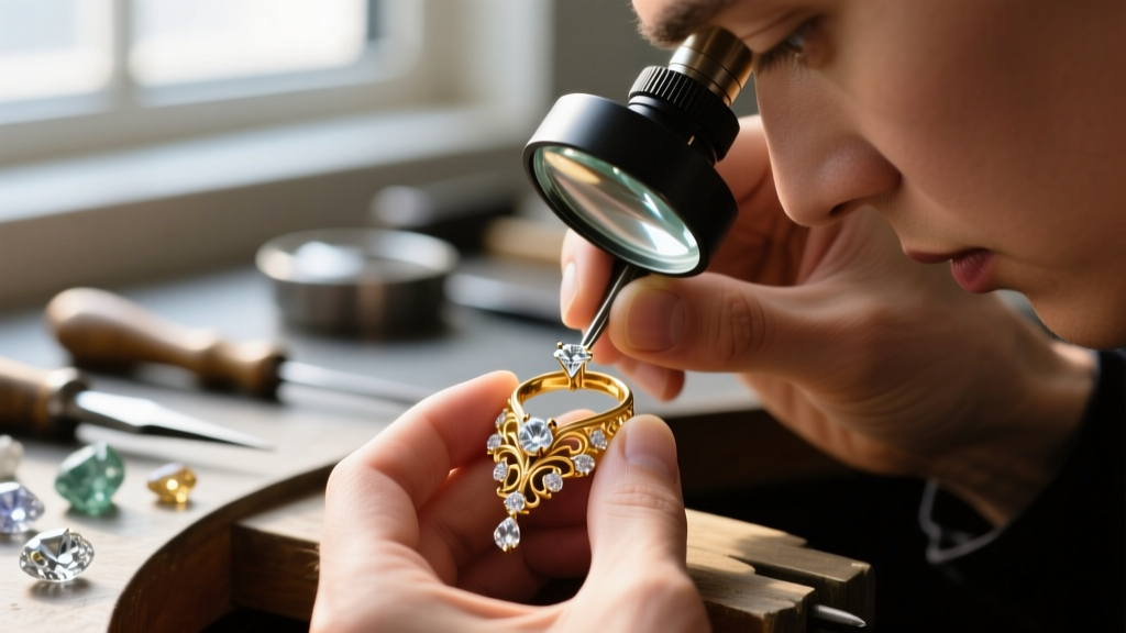 Macro photography of a jeweler's hands using a fine awl to tighten a micro-knot on a frayed silksong rosary necklace cord repair.