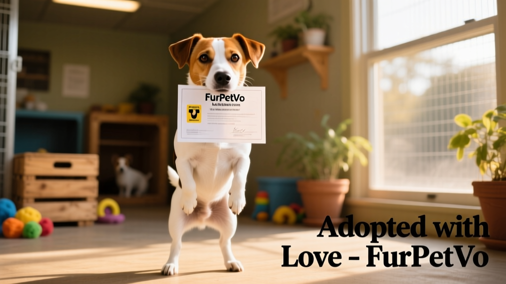 A friendly, medium-sized Jack Russell–Poodle mix posing with a FurPetVo adoption certificate in front of a sunny shelter window