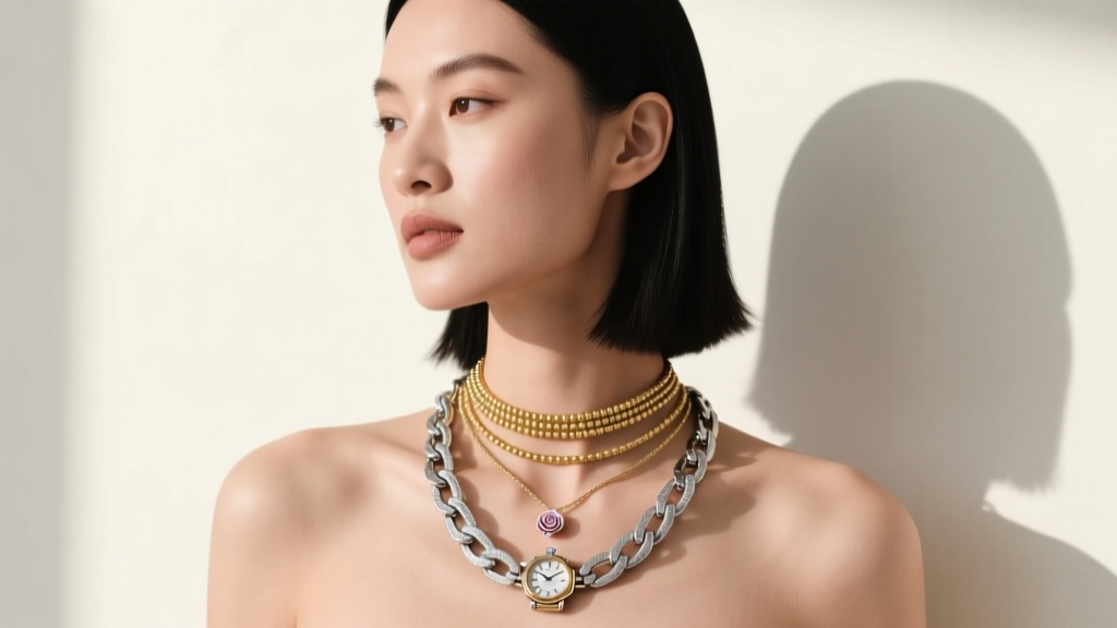 A model wearing a layered necklace stack featuring a delicate gold choker, a mid-length pendant, and a chunky silver watch chain.